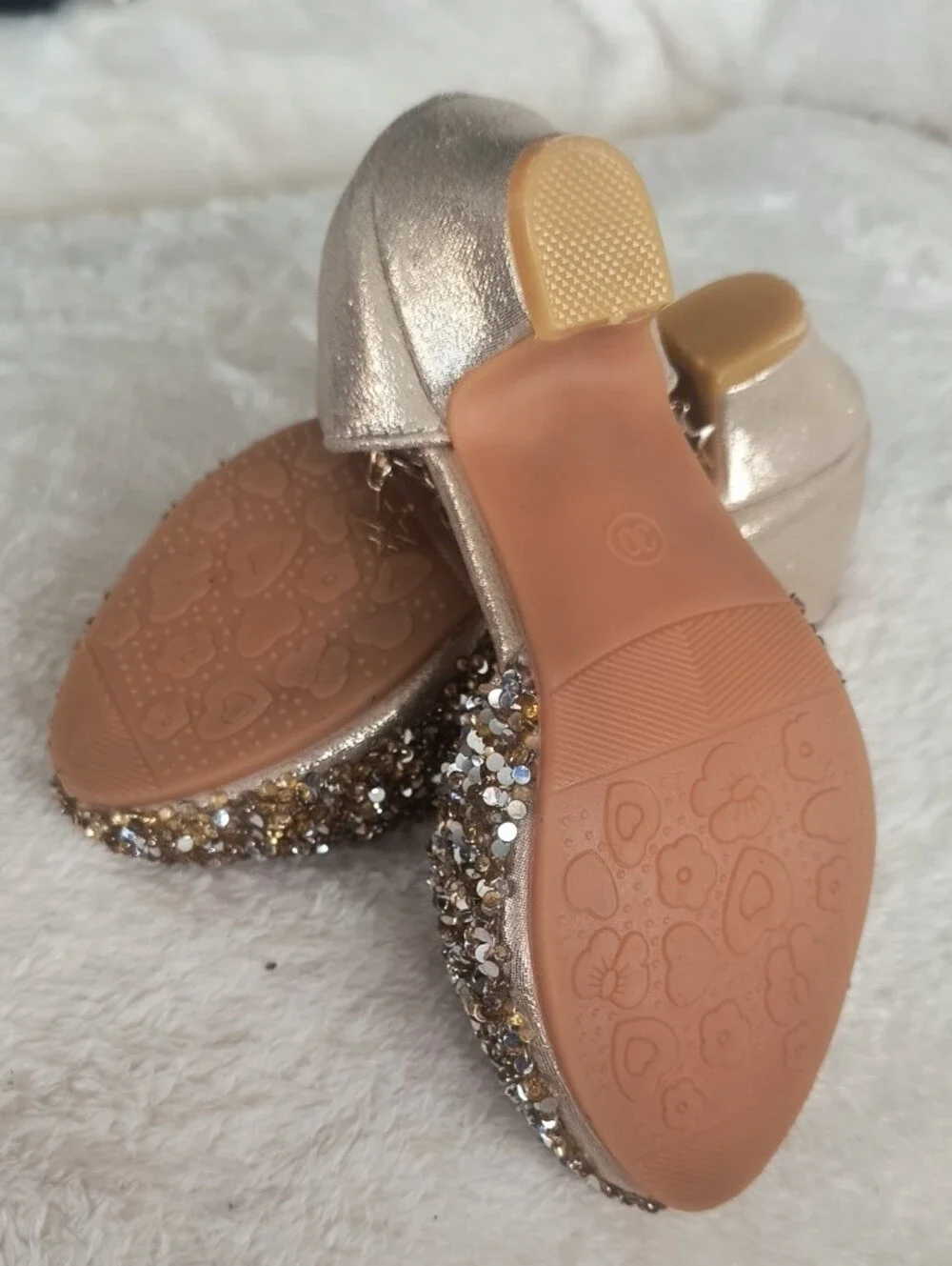 Girls Size 30/12 Gold Glitter Jewel Mary Jane Dress Shoes with Ankle Charm